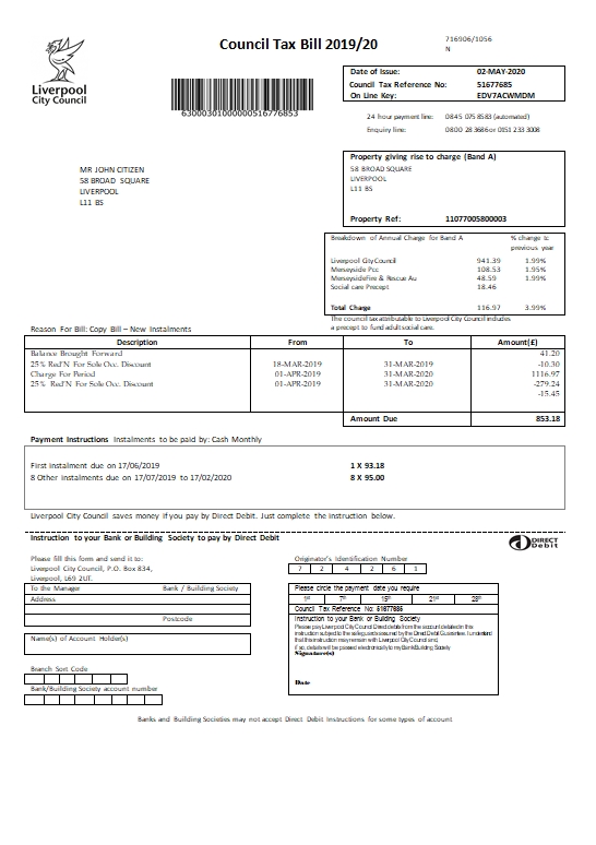 United Kingdom Liverpool City Council tax bill template in Word format